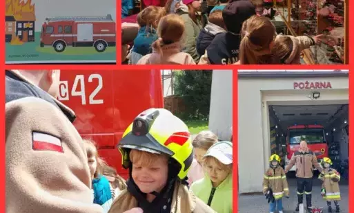 Kolaż zdjęć z wizyty uczniów klasy 1a w OSP Łochowo oraz dyplom od dzieci dla strażaków w podziękowaniu za ciężką pracę.